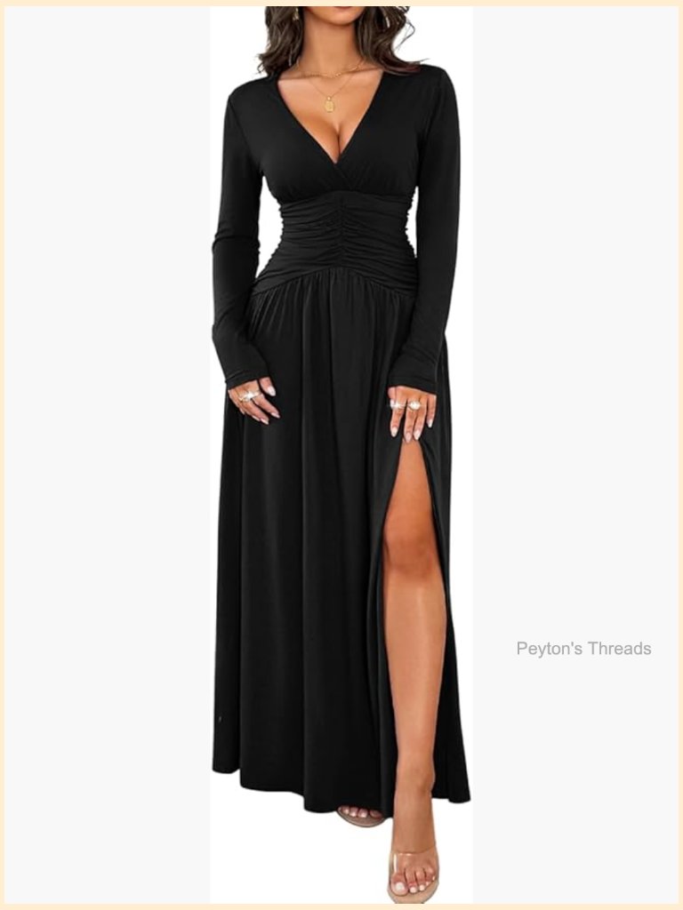 Long Sleeve Formal Dress, Deep V Neck High Slit Ruched Maxi Dress For Wedding